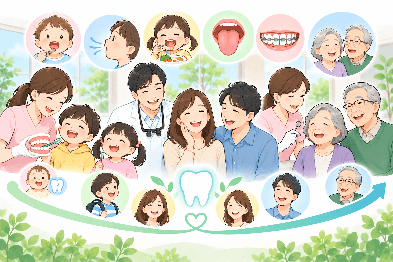 子ども・成人・高齢者の家族三世代を歯科医師と歯科衛生士が長期的に支えるイメージ
