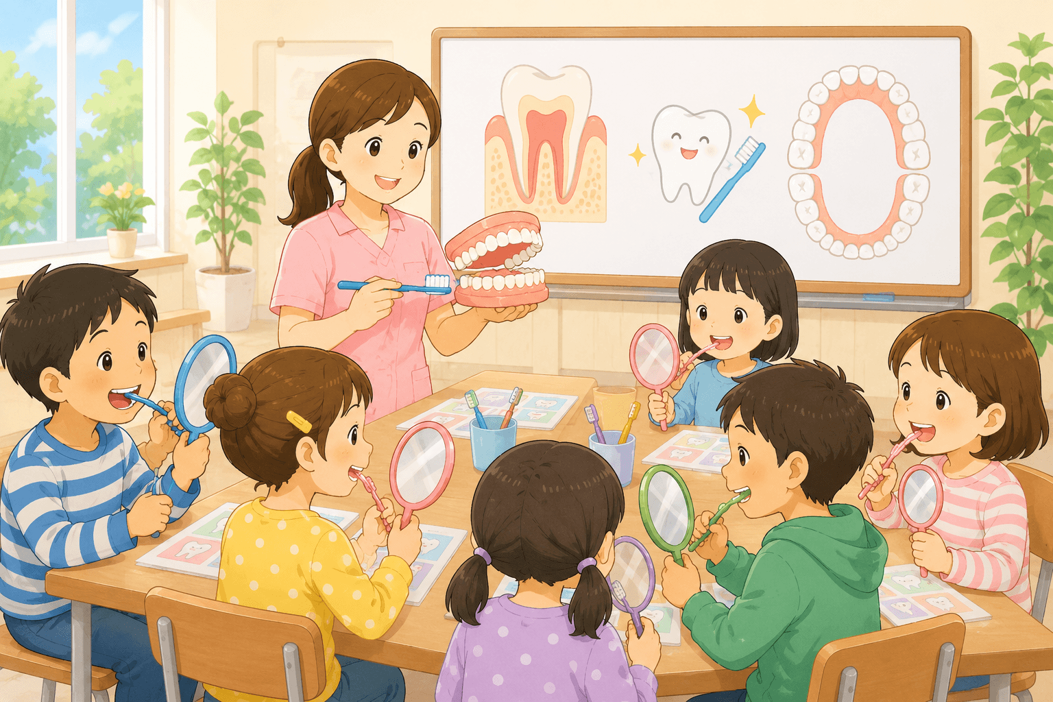 歯科衛生士と子どもたちが一緒に歯みがきやお口の健康について学ぶスクール型メインテナンスのイラスト