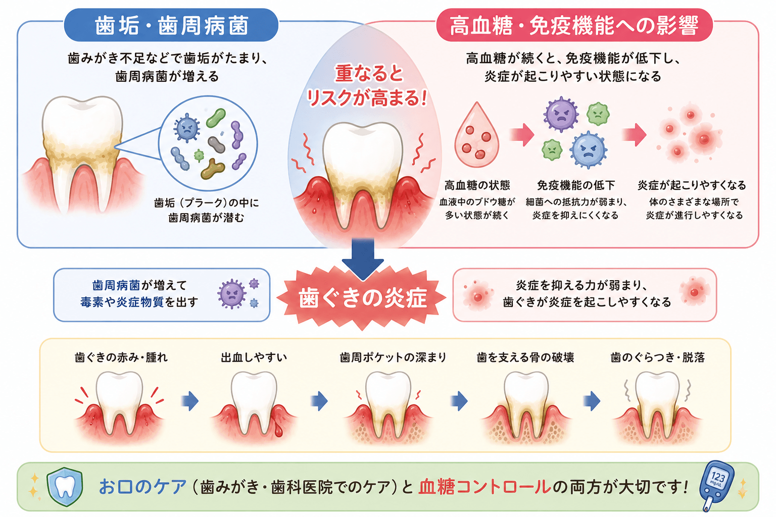歯周組織の慢性的な炎症が血流を介して全身や血糖管理に影響する可能性を示すイラスト