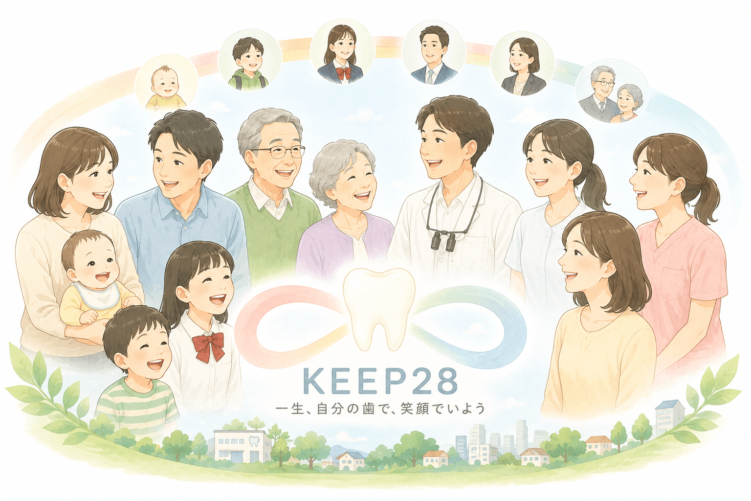 患者さんと家族と歯科医療スタッフがKEEP28を通じて生涯の健康を目指すイメージ