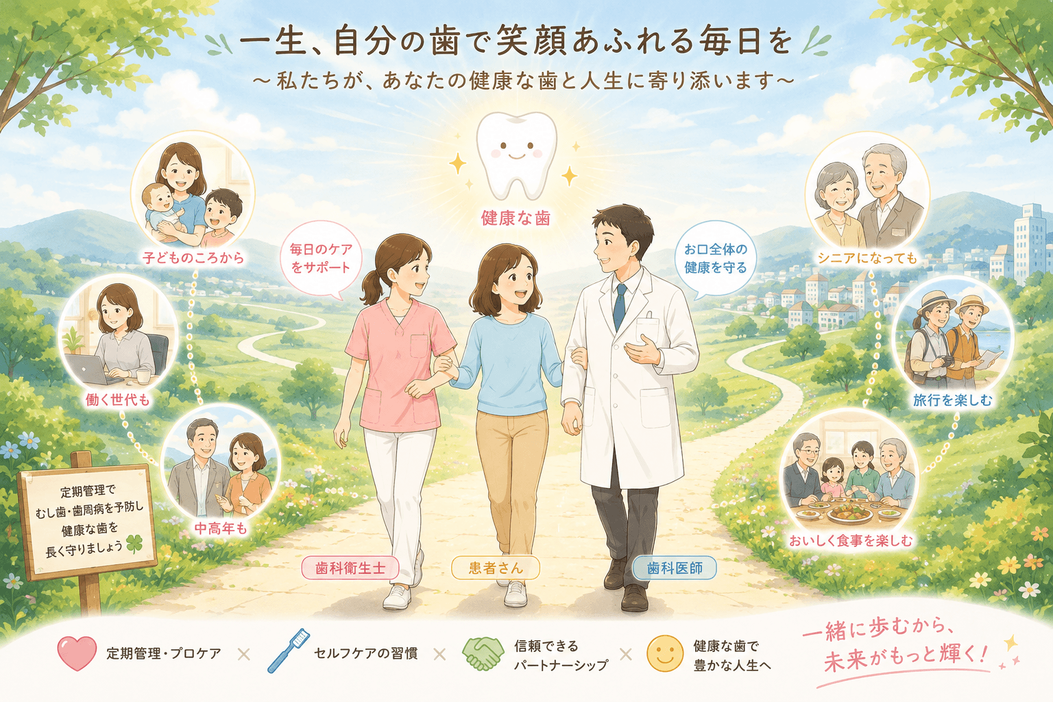 患者と歯科衛生士、歯科医師が一緒に生涯のお口の健康を守りながら人生を歩むイラスト