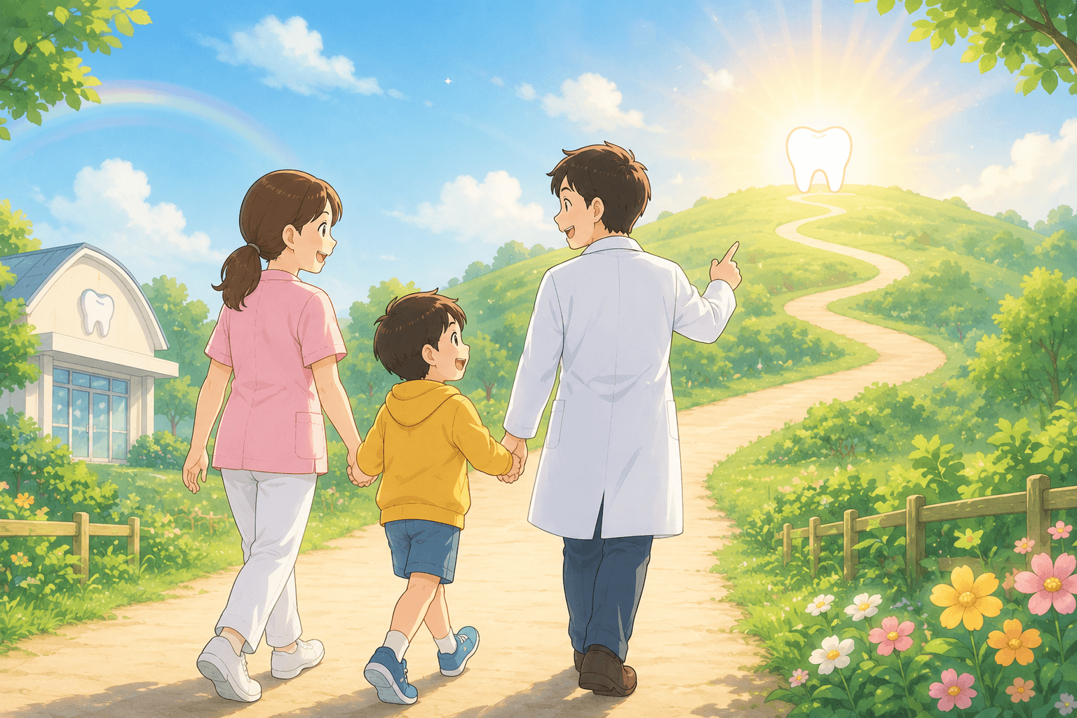患者・歯科衛生士・歯科医師が一緒に将来のお口の健康というゴールへ歩くイラスト