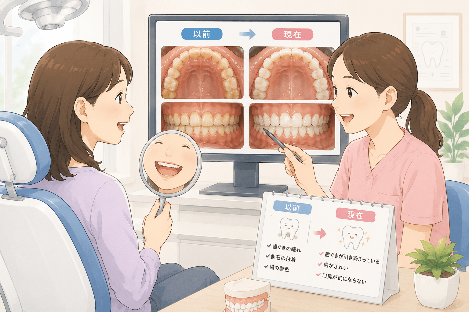毎日のセルフケアと歯科医院での定期管理を両輪としてお口の健康を守るイラスト